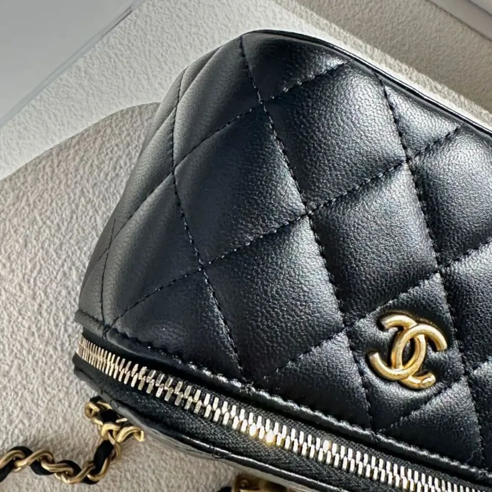 CHANEL Black Quilted Lambskin Mini Vanity Bag with Gold Hardware